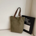Bolso tote de lona verde militar con asas de cuero marrón y bolsillo frontal para mujer - Verde