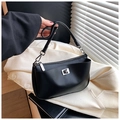 Minimalist black leather underarm bag with silver square metal lock and chain strap - Black