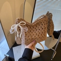 Borsa tote in paglia intrecciata marrone chiaro con fiocco di perle e merletto - Con Ciondolo / Cachi