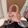 Pink lychee grain mini tote bag with silver chain and heart charm detail - Pink