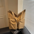 Large khaki nylon tote bag with double front zip pockets and wide shoulder strap - Khaki