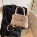 Apricot litchi textured crossbody bag with bow buckle decor and adjustable strap - Light Khaki