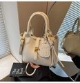 Detail van crème witte kiezel lederen handtas met gouden draaislot en hondentashanger - Wit