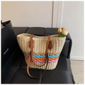 Détail d'un sac cabas en paille tissé avec rayures colorées et anses en cuir marron - Blanc Cassé