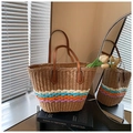 Détail du sac cabas en paille avec cordes multicolores et poignées en cuir marron chic - Kaki