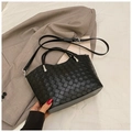 Classic black woven tote bag in luxury rhombus pattern with adjustable shoulder strap - No Pendant / Black