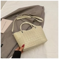 Beige quilted woven handbag with double handles and adjustable crossbody strap - No Pendant / Green