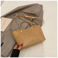 Khaki woven leather bucket bag with top handles and adjustable shoulder strap - No Pendant / Khaki