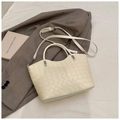 Chic cream white woven leather tote bag with silver hardware and detachable strap - No Pendant / White