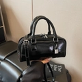 Glossy black Boston handbag with silver padlock detail and adjustable shoulder strap - Black