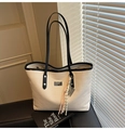 Minimalist cream white tote bag with black straps and woven texture for daily use - With Pendant / White and Black Splicing