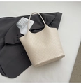 Beige woven tote bag with Intrecciato cross-weave design and slim shoulder handle - Rice White (No Pendant)