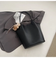 Large black woven tote bag with a cute plush bear pendant and chic leather texture - Black with Pendant