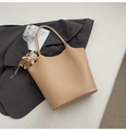 Beige woven leather tote bag with a cute bear charm and stylish slim shoulder handles - Khaki with Pendant