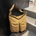 Khaki minimalist tote bag with dual front zipper pockets and adjustable wide strap - Khaki