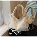 Creamy white bubble textured tote bag with lace bow detail and detachable shoulder strap - Off-white