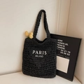 Handwoven black tote bag with white Paris Milano embroidery for summer vacations - Black