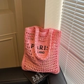 Pink hand-woven hollow tote bag with Paris Milano embroidery and large capacity - Pink
