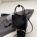 Minimalist black bucket bag in lychee pattern leather with detachable shoulder strap - Black without Pendant
