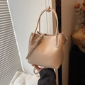 Chic beige lychee textured bucket bag with double handles and adjustable strap - Khaki (No Pendant)