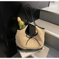 Beige straw tote bag with black leather ribbon and handles in a stylish striped weave - Solid Simple (Black) / Black
