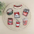 7-piece fast food embroidery patches set featuring burgers and fries on woven mat - Full Set