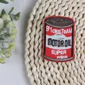 Retro motor oil can embroidered patch with red and white stitching, size 5.3x7.4cm - Oil Can (ZG-4004)