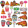 Cartoon food embroidery patch set with colorful pizza, popcorn, and candy designs - Complete Food Collection
