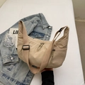 Beige nylon crescent crossbody bag with adjustable wide strap and multi-pocket design - Khaki