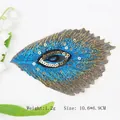 Parche bordado de pluma de pavo real con lentejuelas azules y doradas para costura DIY - Azul cielo