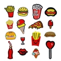 16-piece set of colorful food patches including popcorn, burgers, and sweet candy designs - 16-Piece Fast Food Collection