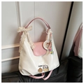Creamy white underarm bag with pink handles, lace bow and cute bear printing - Pink (with Pendant)