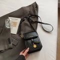 Minimalist black glossy leather crossbody phone bag with gold metal pendant detail - No Pendant / Black