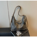 Detail of grey washed canvas tote bag with brown leather straps and mini coin purse - Dark Brown