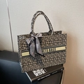 Canvas tote bag with black and white geometric patterns and decorative handle ribbon - Large / Khaki