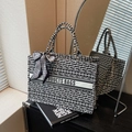 Canvas tote bag with black and white geometric pattern and decorative scarf handle - Large / Off White