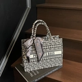Canvas tote bag with black and white geometric patterns and silk scarf handle decor - Small / Off White