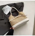 Detail of handwoven straw texture and white leather bow on minimalist hobo bag - White Large