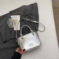 Sac seau en cuir PU argenté avec texture craquelée métallique et logo gaufré - Argent Sans Pendentif