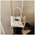 White quilted handbag with silver lock and decorative pearl heart charms in hand - With Charm / White