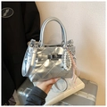 Silver quilted handbag with metallic finish, pearl charm, and metal clasp for women - With Charm / Silver