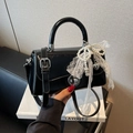 Glossy black mini handbag with white lace bow and pearl pendant in crossbody style - Black (With Pendant)
