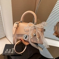 Pink crossbody square bag featuring white lace bow and elegant pearl chain charm - Pink (With Pendant)