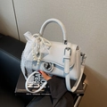 Light blue faux leather crossbody bag with pearl lace charm and golden rotating lock - Blue (With Pendant)