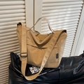 Grande borsa tote in nylon kaki con ricamo a cucciolo e tracolla regolabile rimovibile - Cachi