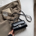 Minimalist black glossy leather crossbody bag with silver buckle and top handle - Black (Without Charm)