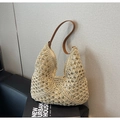 Borsa a spalla in paglia intrecciata beige con manici in pelle marrone - Bianco avorio