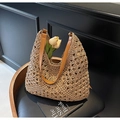 Borsa tote in paglia intrecciata beige con manici in ecopelle marrone e motivi floreali - Marrone
