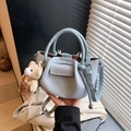 Mini light blue woven bucket bag with long strap and cute plush bear charm accessory - Light Blue (With Charm)