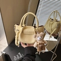 Mini light yellow woven bucket bag with top handle and cute plush bear charm decoration - Pale Yellow (With Pendant)